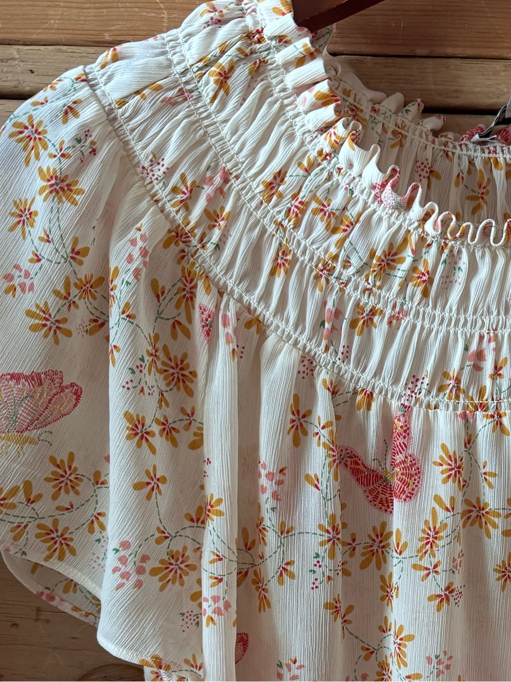 Madewell Cream Smocked Floral Flutter-Sleeve Blouse - Butterflies